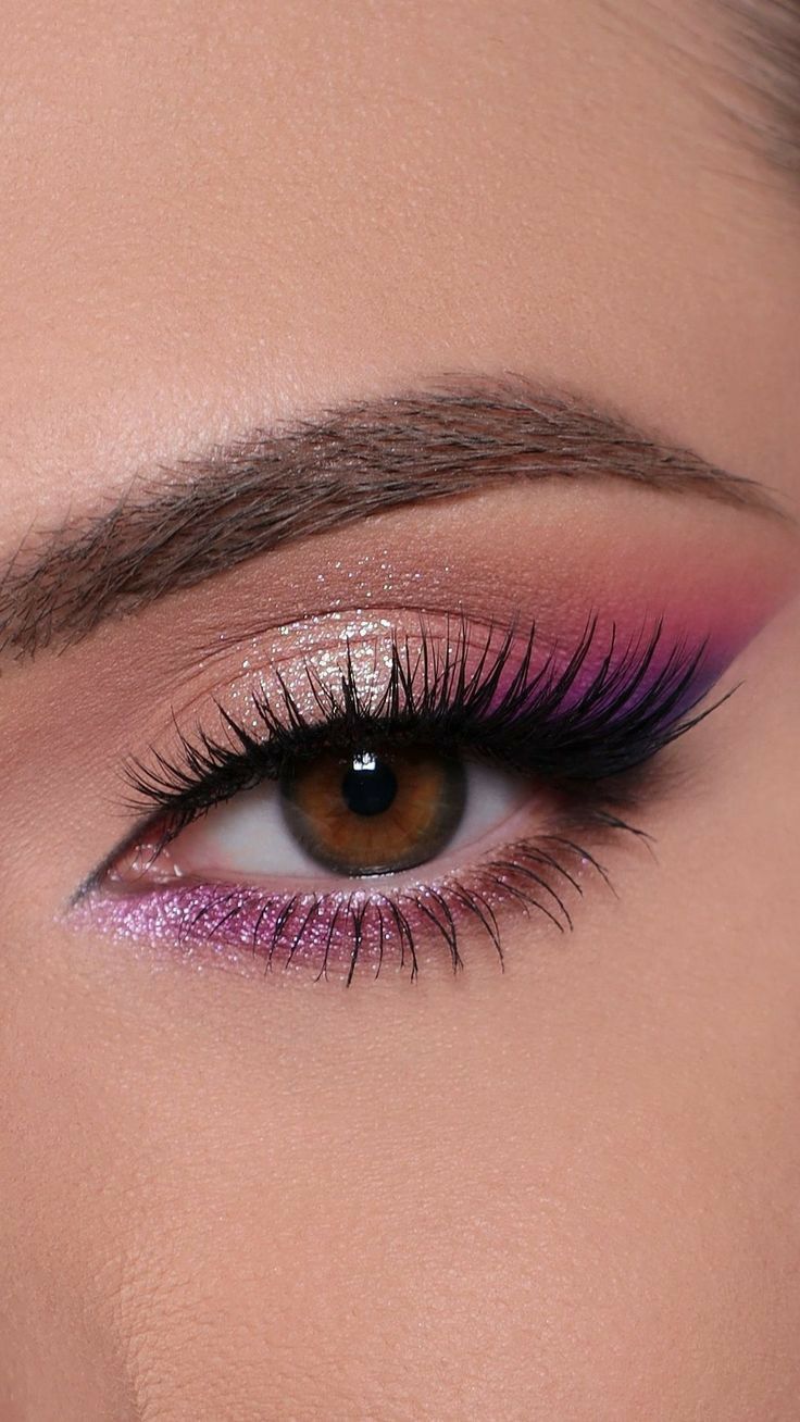 Neutral Eye Makeup With A Pop Of Color, Color Smokey Eye Makeup, Colorful Makeup For Brown Eyes, Colorful Bridal Makeup, Make Up Purple Eyes, Purple And Silver Makeup, Eye Makeup For Wedding, Color Smokey Eye, Fashion Makeup Looks