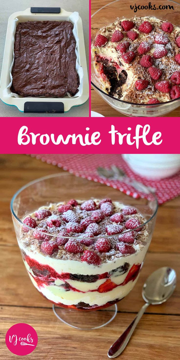 brownie trifle with chocolate frosting and raspberries