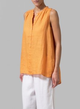 Orange Linen Mandarin Collar A-Line Sleeveless Shirt - Plus Size Vivid Linen, Kids Dress Collection, Linen Top Women, Design Clothes, Flare Leg Pants, Sleeveless Tunic, Fashion Design Clothes, Linen Top, Cut Shirts