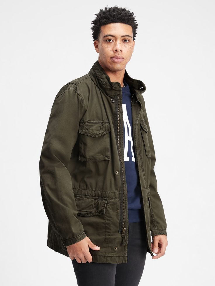 Military Jacket with Hidden Hood | Gap Factory Khaki Cotton Parka With Drawstring Hood, Streetwear Cotton Utility Jacket With Drawstring Hood, Cotton Utility Jacket With Drawstring Hood For Streetwear, Urban Cotton Outerwear With Stand Collar, Cotton Parka With Patch Pockets For Streetwear, Casual Cotton Outerwear With Flap Pockets, Fall Military Utility Jacket With Stand Collar, Urban Hooded Utility Jacket With Patch Pockets, Utility Hooded Jacket With Patch Pockets