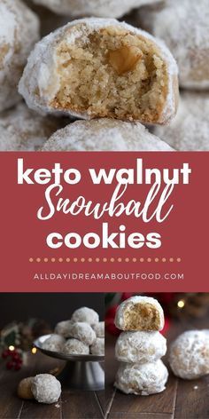 keto walnut snowball cookies are stacked on top of each other