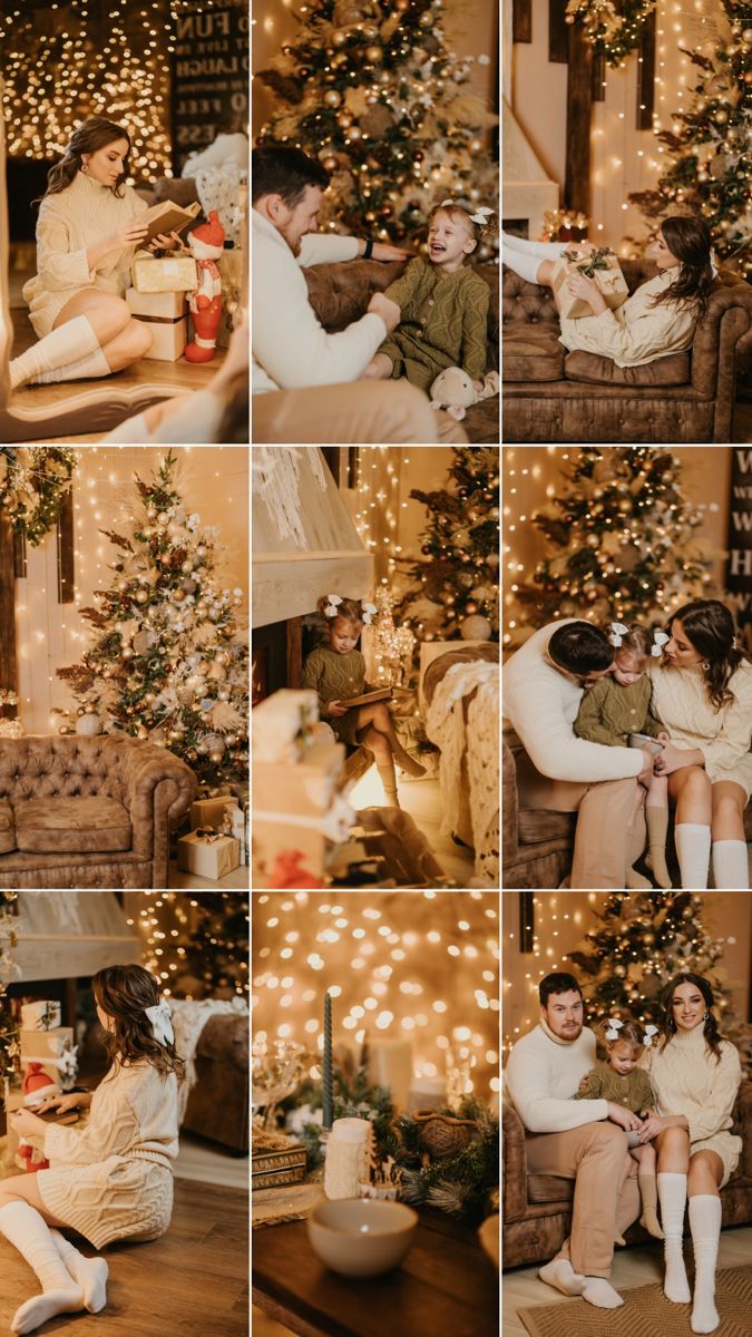 a collage of photos showing people sitting in front of a christmas tree with lights