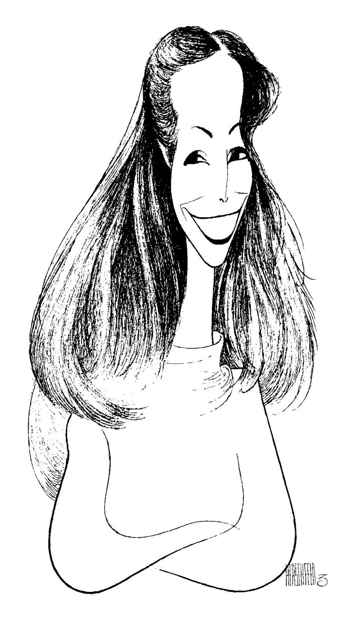 a black and white drawing of a woman's face with long hair, smiling