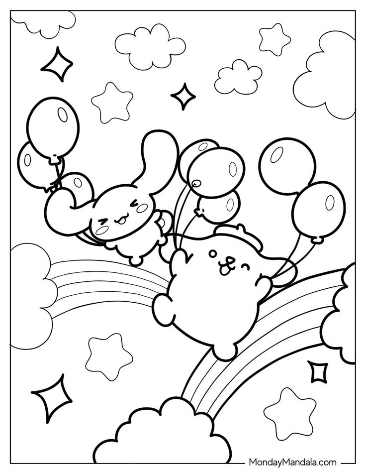 a coloring page with balloons and teddy bears flying in the sky