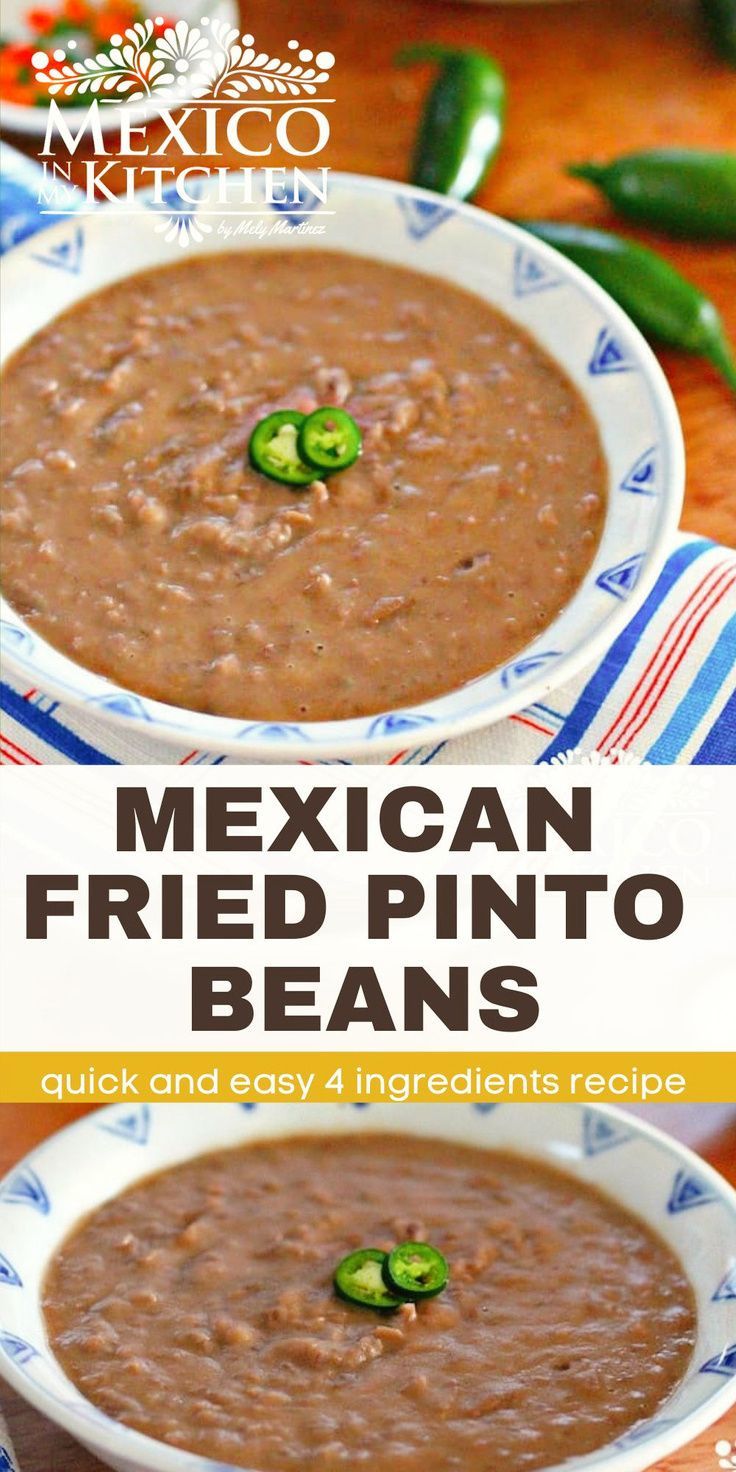 two bowls of mexican fried pinto beans with jalapenos in the background and text overlay