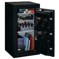 a large black safe with many items in the door and shelves on both sides that are open