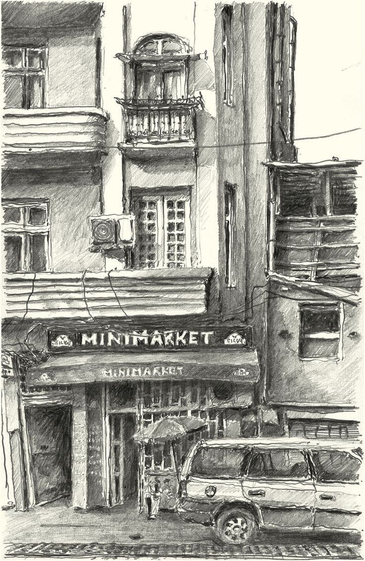 a black and white drawing of a street corner with cars parked in front of it