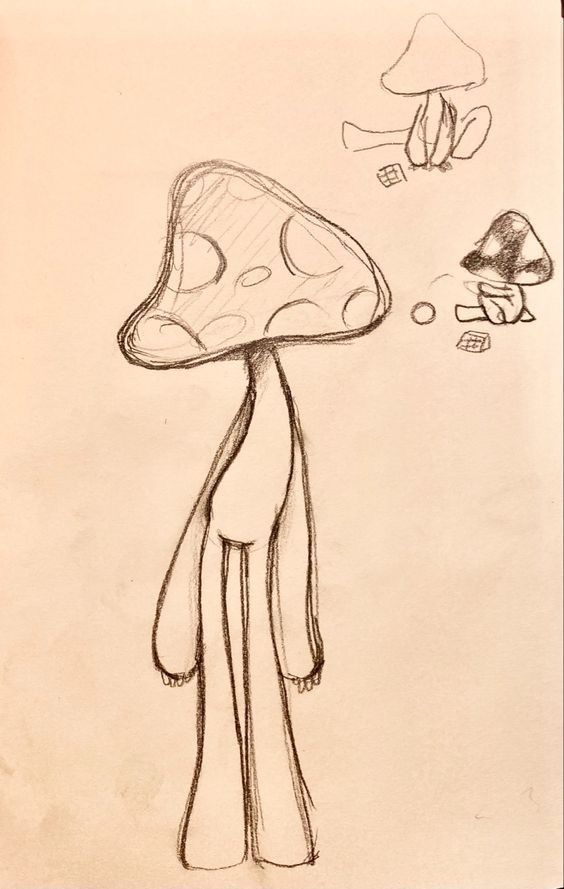 a drawing of a person with a mushroom on his head