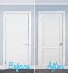 before and after pictures of a white door with blue lettering on the bottom right side