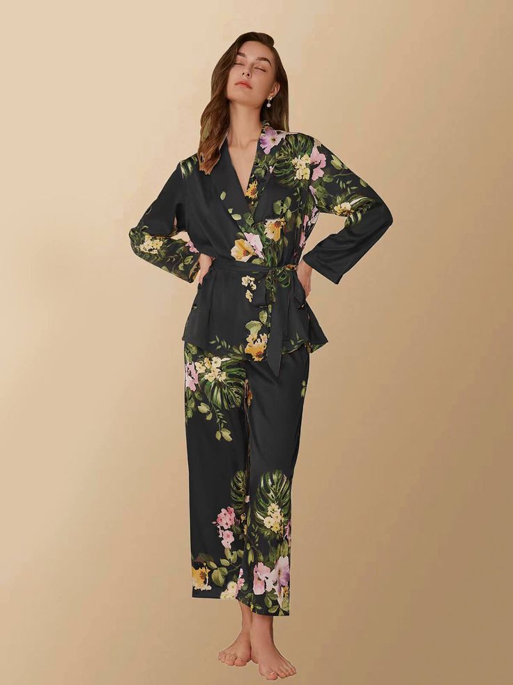 Tropical Floral Printed Pajama Set 2 Pcs Luxury Short Robe | Ulivary Bride Pajama, Bridal Pajamas, Printed Pajama, Silk Pajamas Women, Pyjamas Womens, Floral Pajamas, Silk Pajama Set, Black And White Fabric, Satin Pajamas