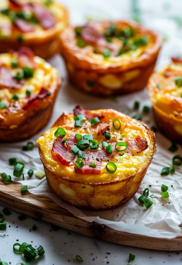 mini quiches with bacon, cheese and green onions on a wooden tray next to other small ones