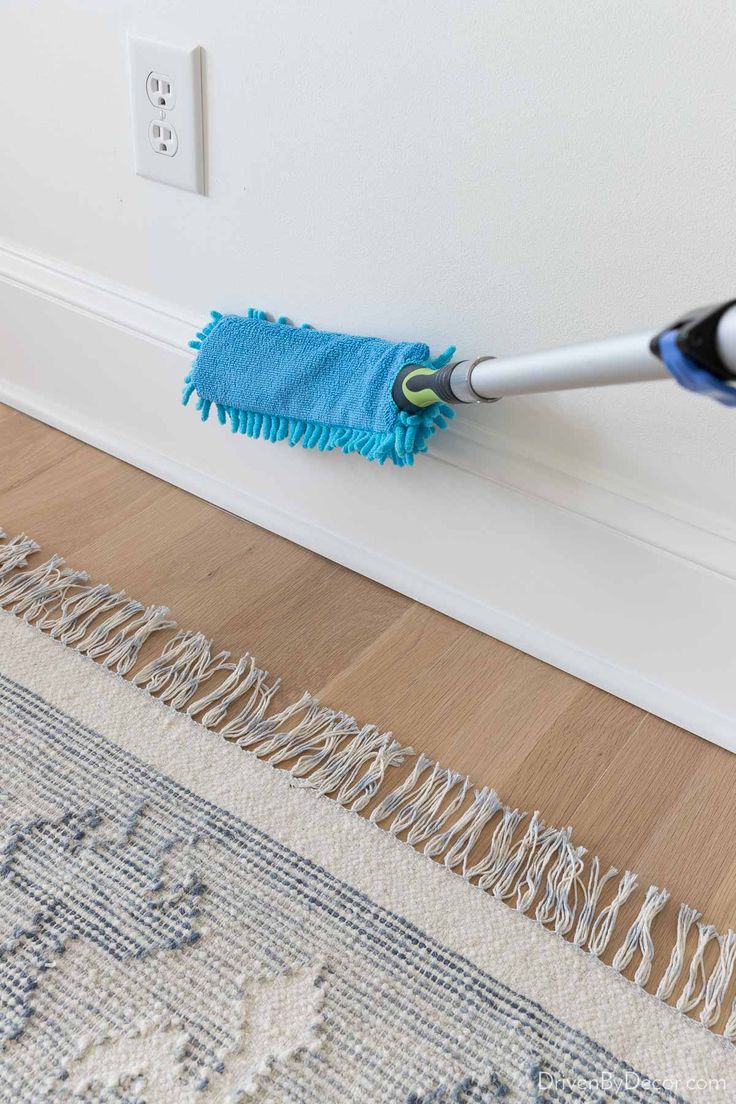 a mop is on the floor with a blue duster in front of it