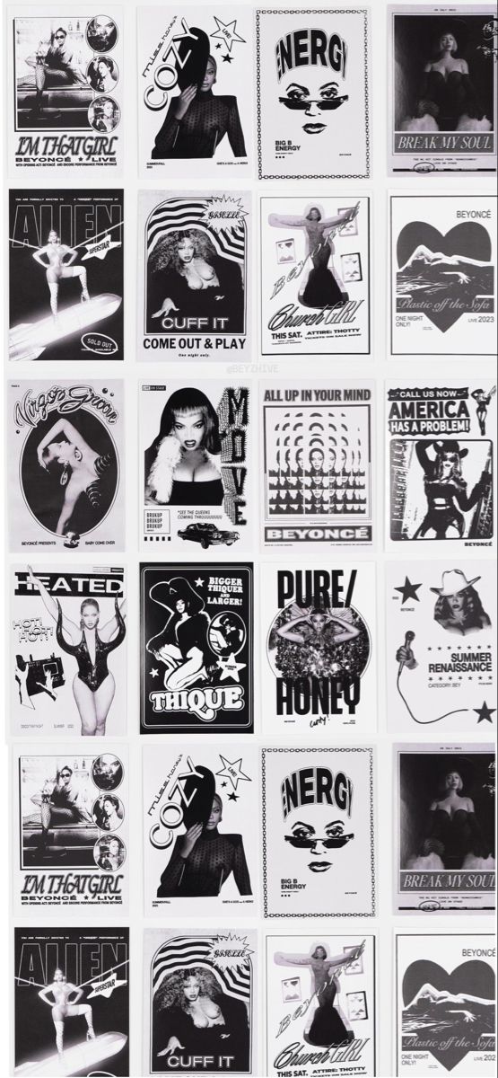 some black and white posters with different designs on them, all in various shapes and sizes