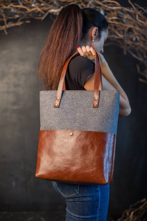 Wool And Leather Bag, Felt Handbags, Brown Leather Laptop Bag, Leather Laptop Tote, Felt Bags, Felt Tote, Purse Boutique, Popular Handbags, Laptop Bag For Women