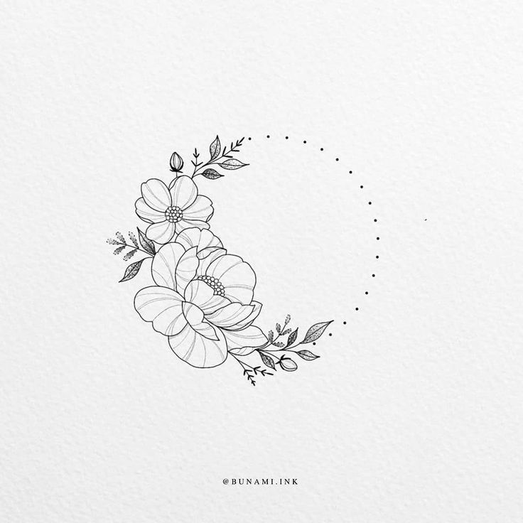 a black and white drawing of flowers in the shape of a crescent with leaves on it