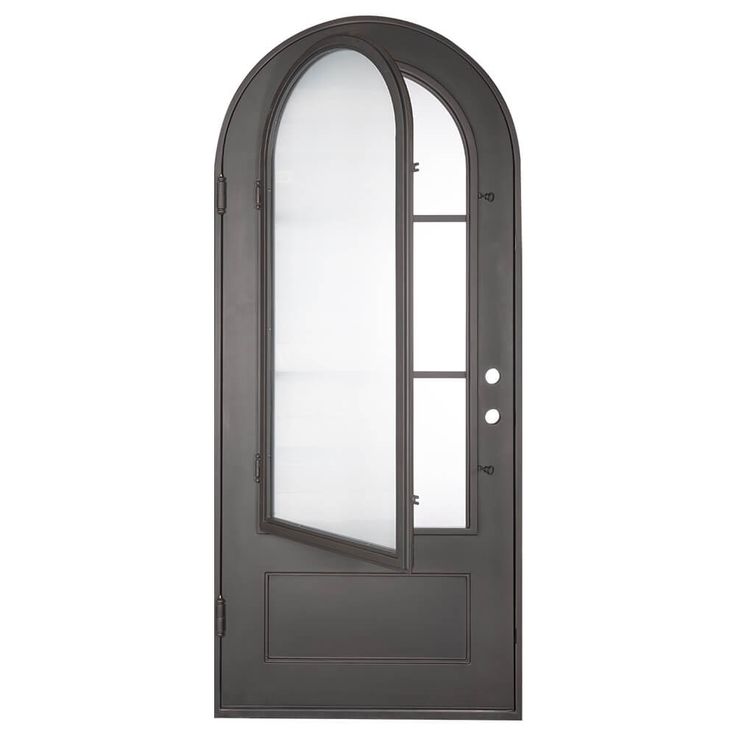 an arched glass door with black frame and clear glass on the front part of it