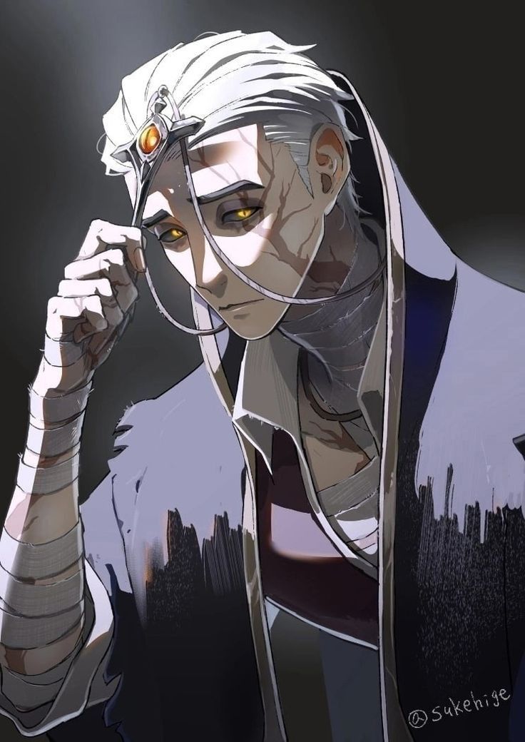 an anime character with white hair and yellow eyes holding a cell phone to his ear