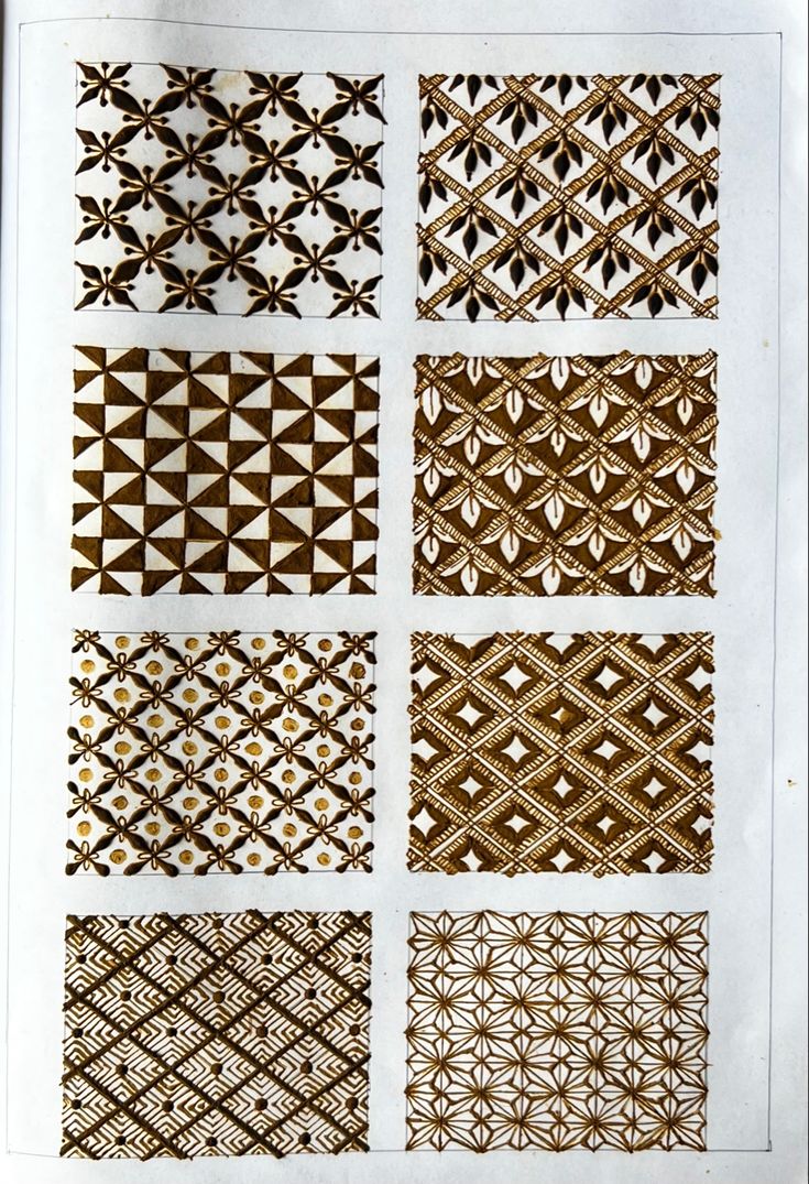 six different patterns are shown in gold and brown colors, each with an intricate design