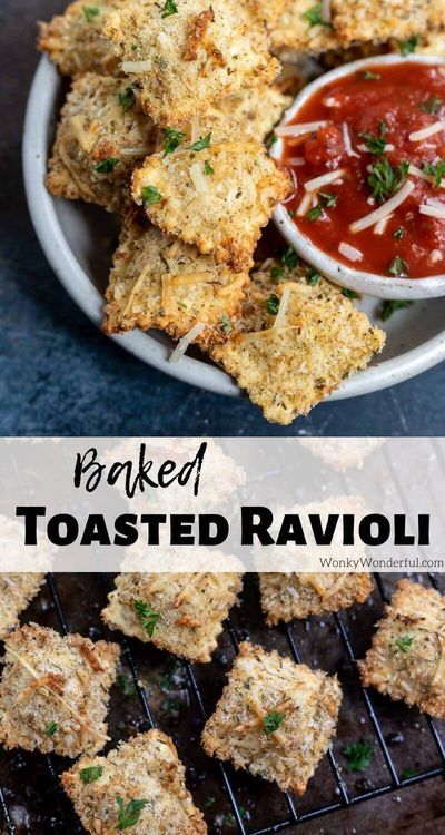 baked toasted ravioli on a plate with dipping sauce