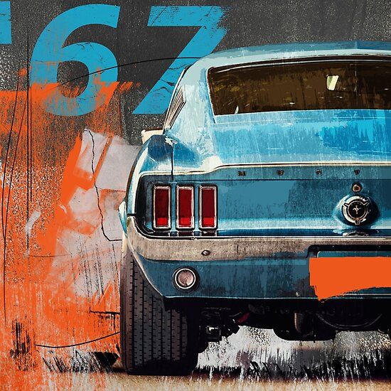 the back end of a blue mustang parked in front of a wall with graffiti on it