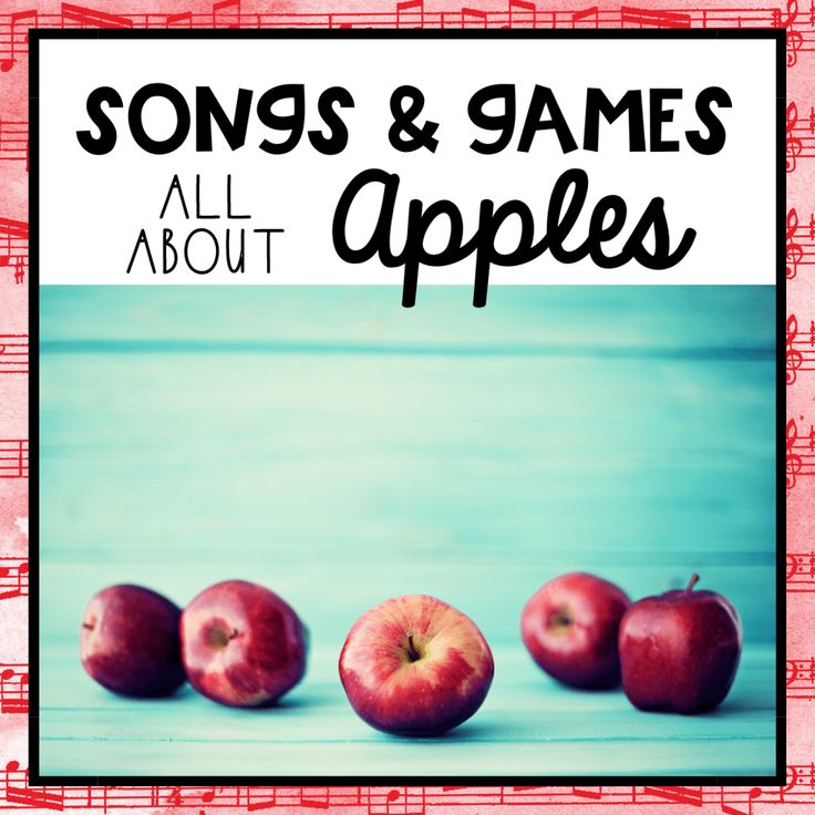 three apples sitting next to each other in front of music sheets with the words songs and games all about apples