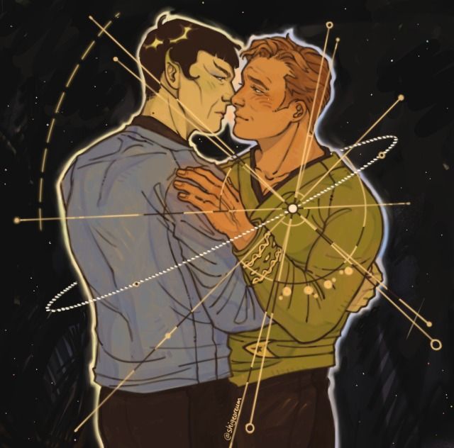 an image of two people that are kissing in front of the stars and lines above them