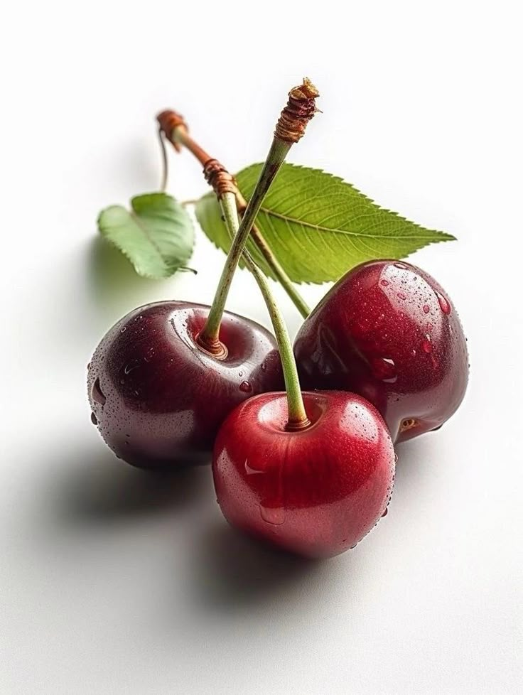 three cherries with green leaves on white background