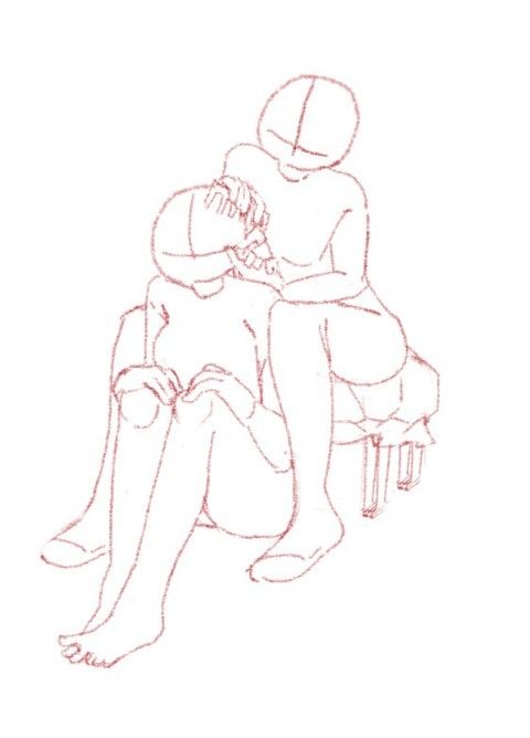 a drawing of two people sitting next to each other on a chair with their arms around one another