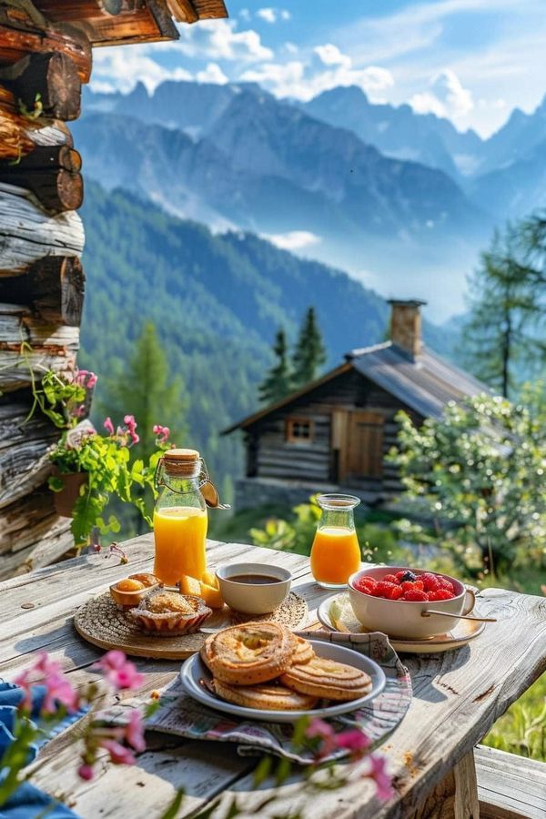 a table topped with breakfast foods on top of a wooden table next to a forest