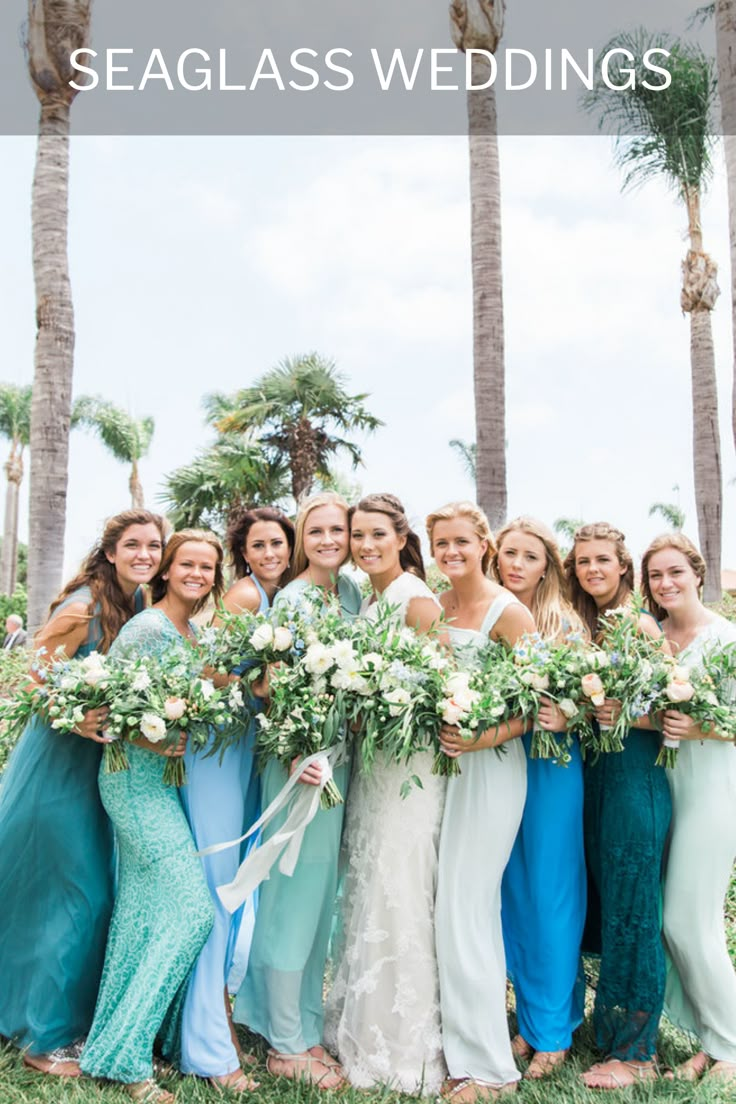 a group of women standing next to each other in front of palm trees with text overlay