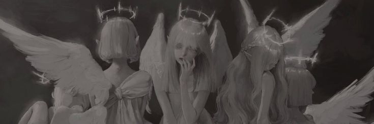 four angels with white hair and crowns on their heads are standing next to each other