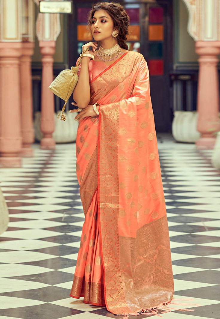 Silk Saree with blouse in Peach colour 10061  Desc:  Color : Peach Fabric : Silk Wash Care : Dry clean Sleeve Style : Half Sleeve Long Sleeves : Done only in Custom Stitch Sleeves Lining : Done only in Custom Stitch Bust Size : 32 to 42 Inches Occasion : Festival   Diwali   Eid   Durga Pooja   Ganesh Charturthi   Dussehra. With Express Free Shipping and Custom Stitching, Buy Indian Party wedding wear Bridal Sarees Silk Saree with blouse in Peach colour 10061 online in USA, UK and Canada from Kol Peach Colour Silk Saree, Classic Saree, Sequence Blouse, Peach Saree, Peach Colour, Peach Blouse, Wedding Saree Indian, Trendy Sarees, Tussar Silk Saree