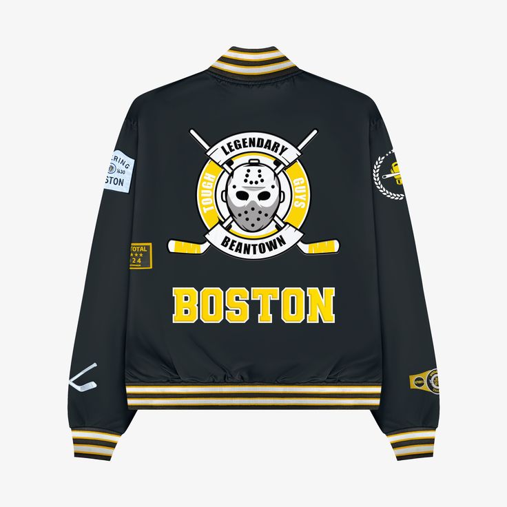 a hockey jacket with the words boston on it, and two crossed sticks in front