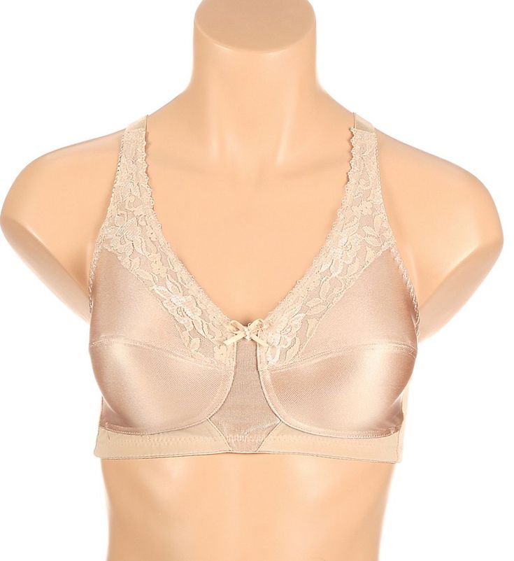 This wirefree bra has a pretty floral lace trim along neckline. Lining has insertion openings for breast forms, sold separately. Seamed, unpaddeed wirefree cups have a perforated microfiber lining with pockets to support and shape the bust with a breathable feel. Transversal seaming shapes your breasts. Cup lining is made of breathable COOLMAX moisture wicking fabric for comfort. Sewn-on elastic underband for added support. Sewn-on elastic at top of cup. Center panel - tall, with bow at top. Tal Feminine Full Coverage Bra With Lace Trim, Stretch Lace Trim Bra, Underwire Bra With Lace Trim And Stretch, Full Cup Lace Bra With Stretch, Stretch Underwire Bra With Lace Trim, Stretch Lace Trim Underwire Bra, Stretch Lace Full Cup Bra, Beige Full Coverage Bra With Lace Trim, Beige Full Coverage Bra Partially Lined