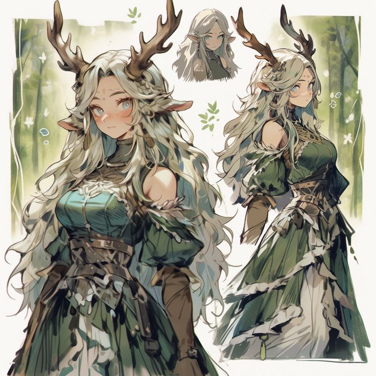 a drawing of a woman with deer horns on her head and long blonde hair, wearing a green dress