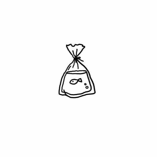 a drawing of a bag with a fish in it's mouth, on a white background