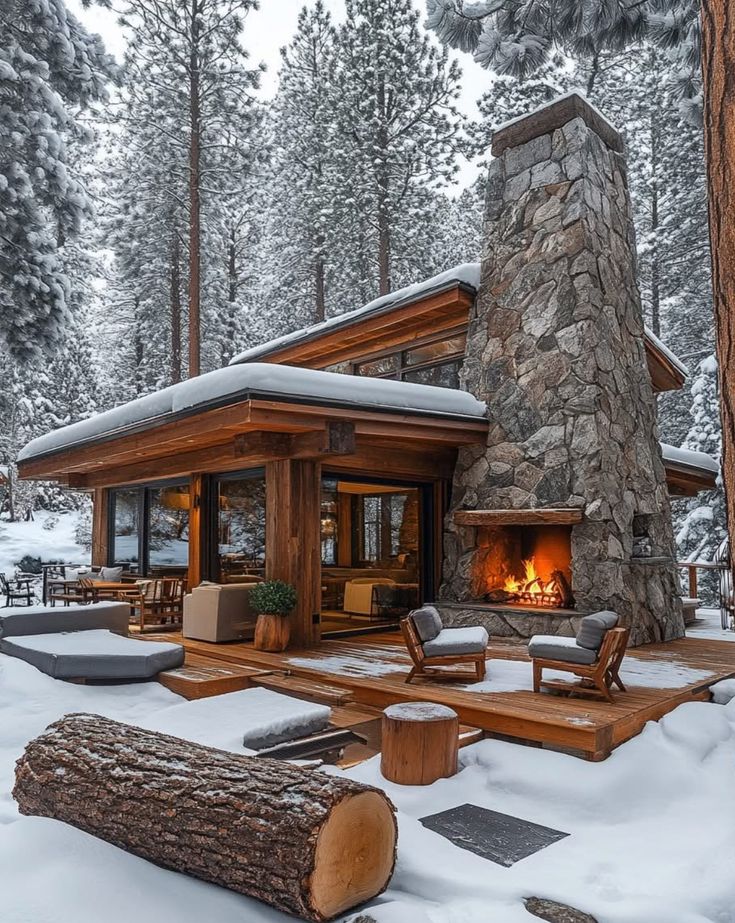 a cabin in the woods with snow on the ground and logs laying around it's fireplace