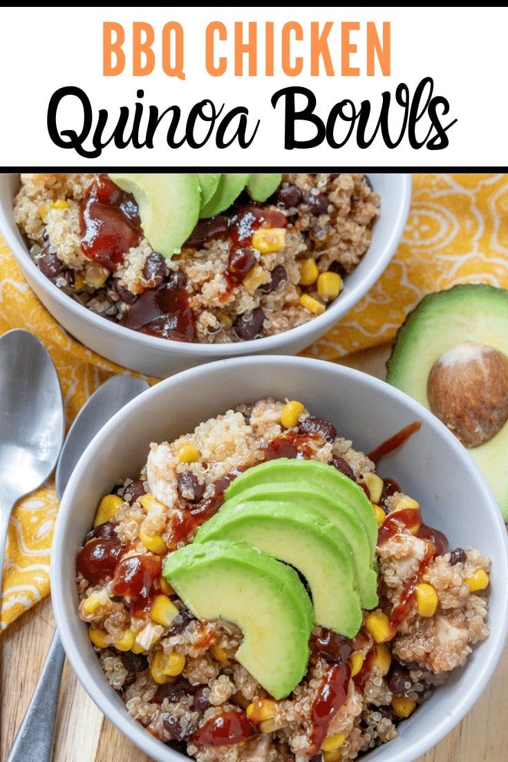 two bowls filled with quinoa and avocado on top of a wooden table