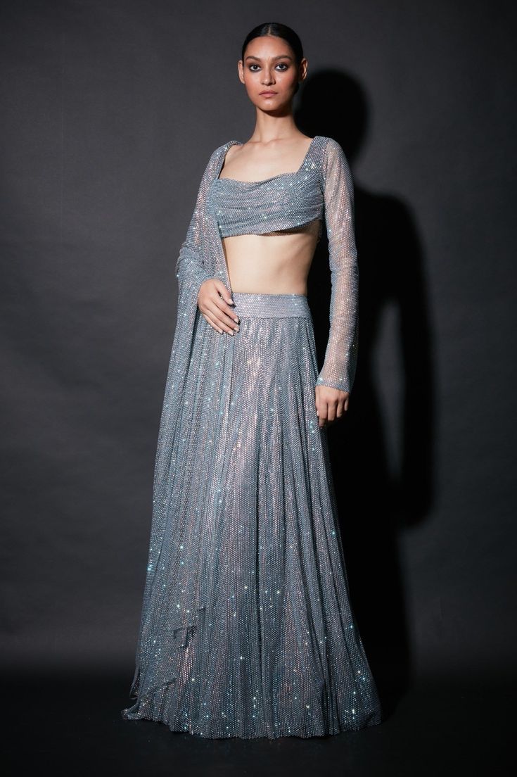 Itrh-Dark Grey Embellished Lehenga Set-INDIASPOPUP.COM Modern Lehenga, Embellished Lehenga, Grey Lehenga, Chikankari Lehenga, Desi Fits, Prom Inspo, Full Sleeve Blouse, Royalty Aesthetic, Indian Fashion Saree