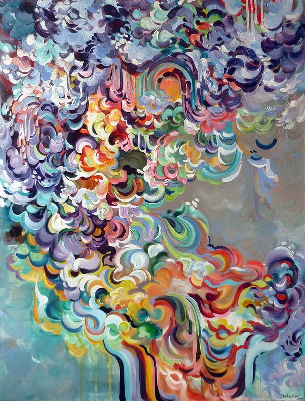 an abstract painting with lots of colors and shapes on the bottom, including swirls