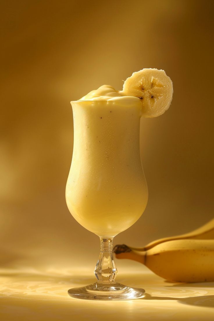 a banana smoothie is garnished with a slice of bananas on the side