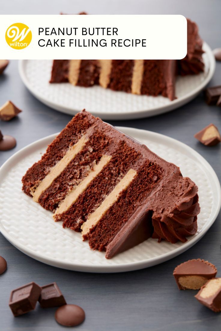 two plates with slices of chocolate cake on them and the words peanut butter cake filling recipe