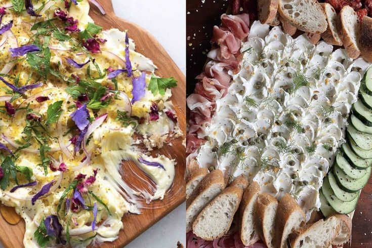 there are two different types of food on the plates and one has bread, cucumber slices, and salad