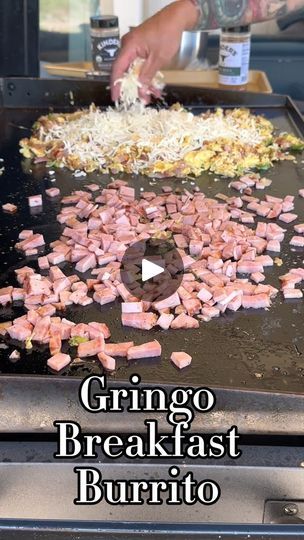 someone is cooking food on a grill with the words grino and breakfast burrito