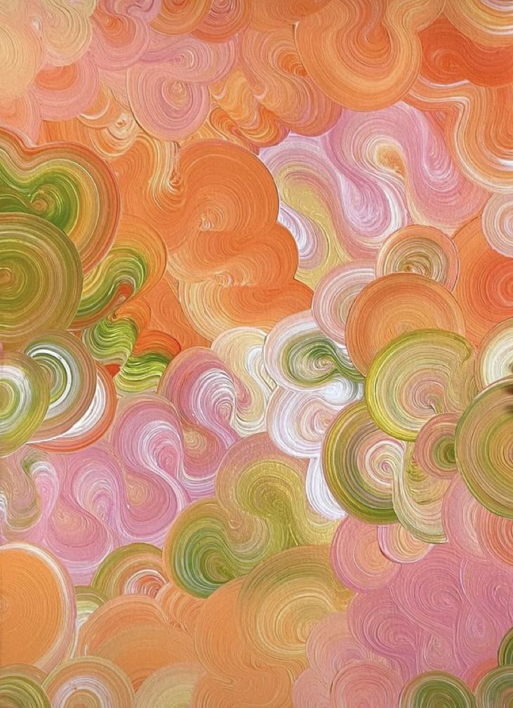 an abstract painting with swirls and colors in orange, pink, green, yellow and white