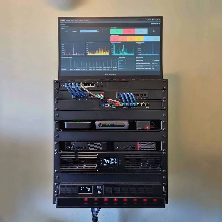 a laptop computer sitting on top of a stack of electronic equipment in front of a wall