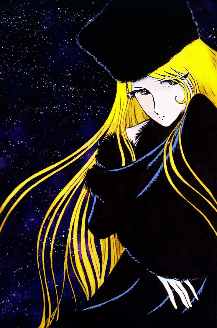 a drawing of a woman with long blonde hair wearing a black hat and dress coat