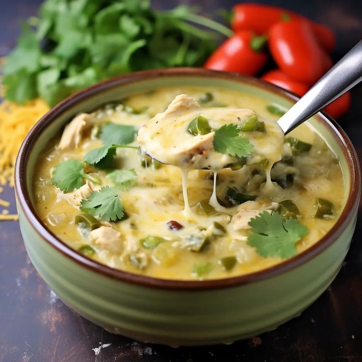 a bowl of chicken and rice soup with cilantro garnish on the side