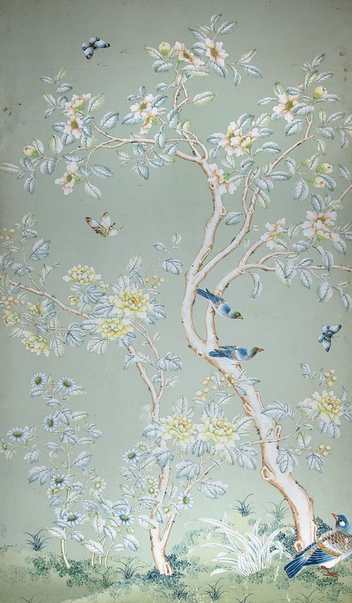 two birds sitting on the branches of a tree in front of a blue wallpaper