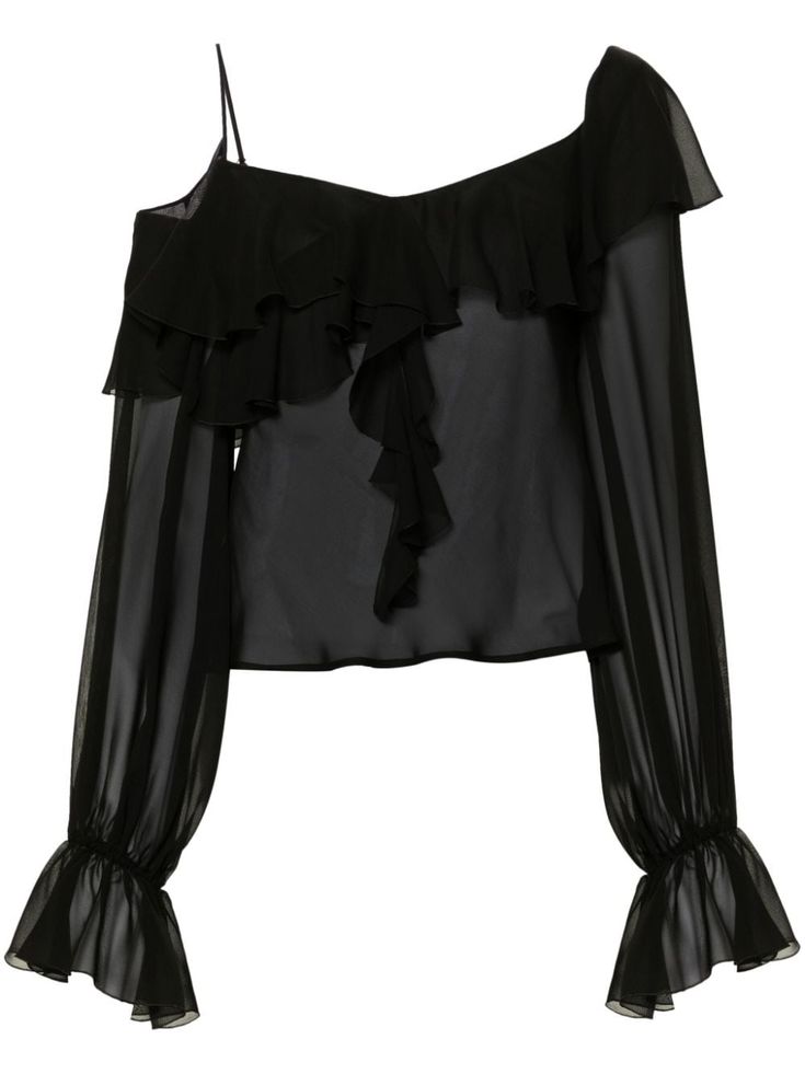 black silk chiffon crepe V-neck long sleeves flared cuffs ruffled detailing semi-sheer construction straight hem